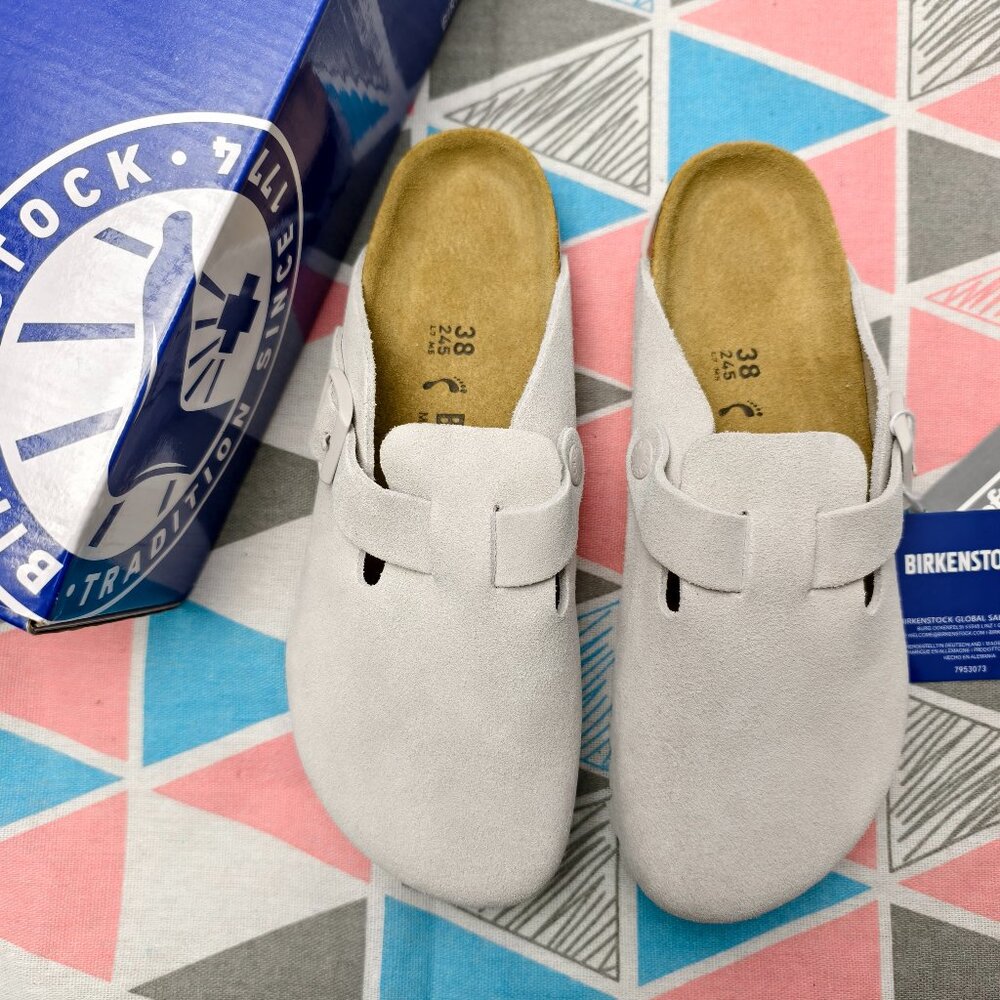 Women's White Suede Birkenstock Boston Shoes - Narrow Fit